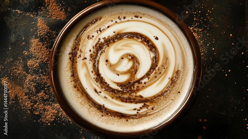 Obraz na płótnie High Angle Shot of Latte Art with Swirls and Chocolate Garnish w salonie