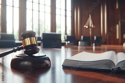 Courtroom scene with gavel and open legal book  Sunlight streams through large windows, illuminating a wooden conference table with a judge's gavel resting on top of the book