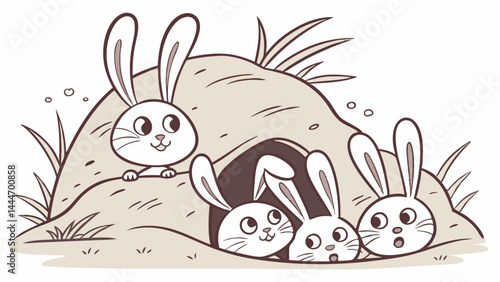 Cute cartoon illustration of a rabbit family peeking from their underground burrow