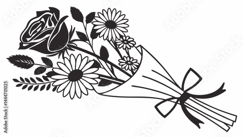 Black and White Floral Bouquet Drawing Illustration with Rose and Daisies Wrapped and Tied with Ribbon