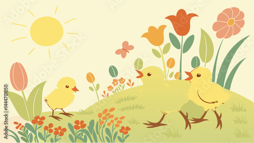 Cute Cartoon Spring Illustration of Happy Chicks in Sunny Meadow with Flowers and Butterfly