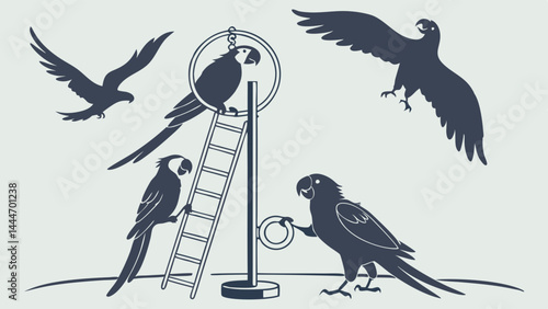 Vintage Silhouette Illustration of Birds Flying Eagles and Parrots Performing on Ladder and Ring