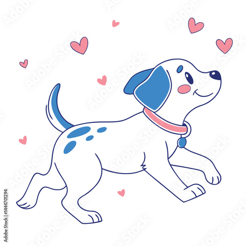 Cartoon Spotty Dog Running Happily Surrounded by Hearts on a White Background, Outlined Art