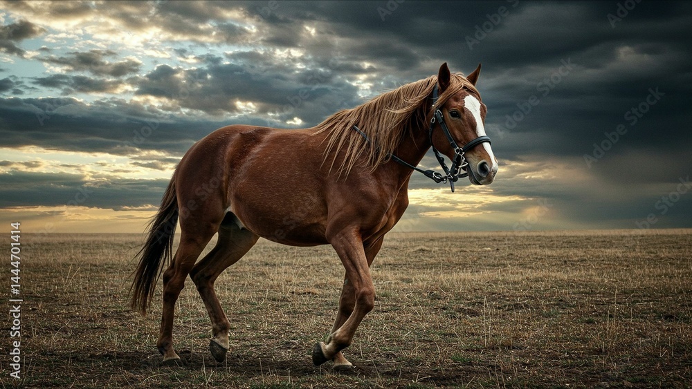 Obraz premium Horse in a Field at Sunset