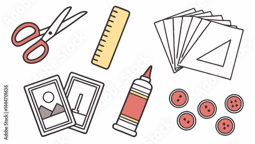 Colorful Craft Supplies Flat Illustration with Scissors Ruler Paper Photos Glue Buttons for Creative School and DIY Projects