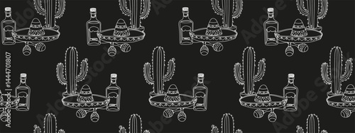 seamless pattern mexican fiesta elements black background cactus sombrero tequila bottle maracas, repeating outline design for cinco de mayo celebration cultural symbols
