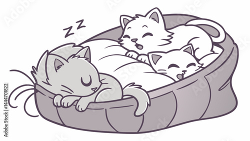 Cute Cartoon Illustration Three Adorable Kittens Sleeping and Playing in a Cozy Cat Bed