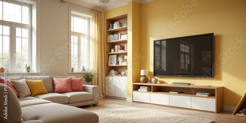 Home Interior Living Room Beige sofa TV bookshelf and window in bright yellow living room