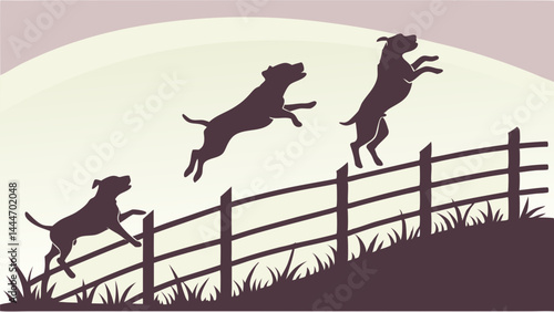 Three Silhouetted Dogs Jumping Over Fence Sequence Graphic