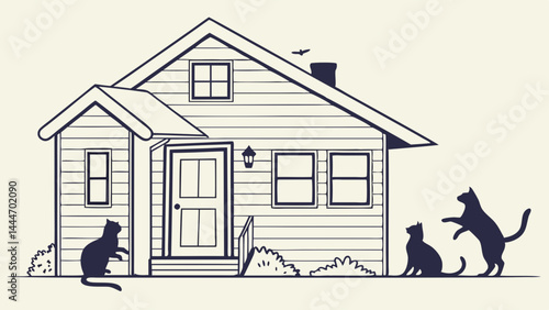 Charming black and white line art illustration of cats playing around a cozy house.