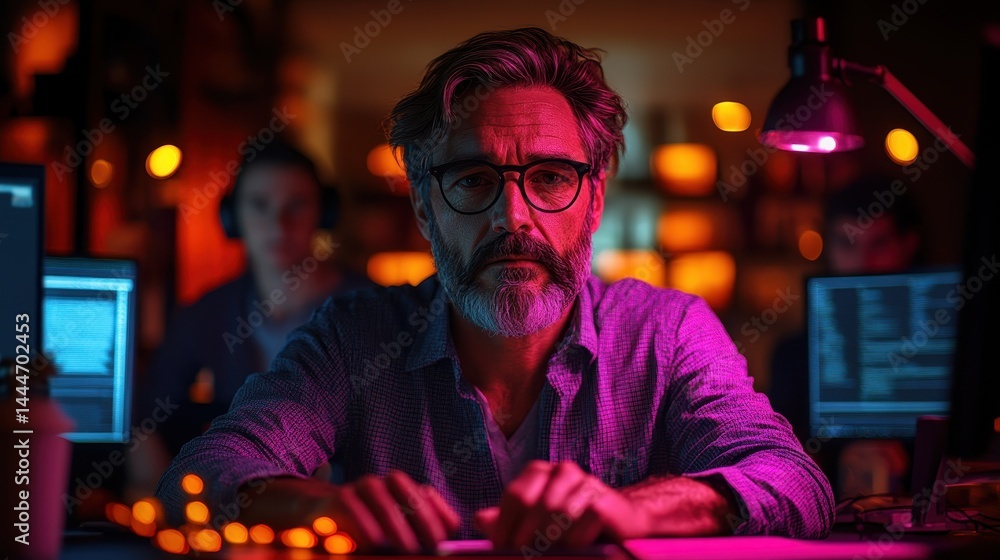 Focused man working late at a computer in a dimly lit office with colleagues Focused man working late at a computer in a dimly lit office with colleagues