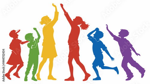 Colorful Rainbow Silhouettes Happy Diverse Children Reaching Up Playing Together