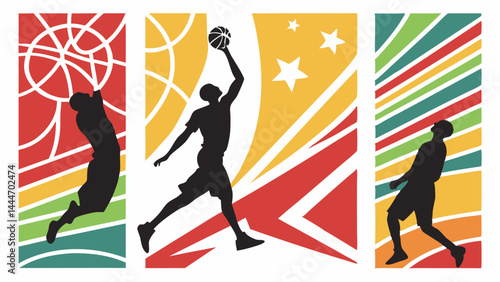 Colorful Abstract Graphic Art Silhouetted Basketball Players Jumping Shooting Action