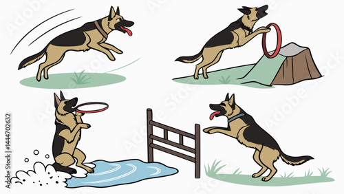 Active German Shepherd Dog Agility Training Cartoon Illustration Jumping Hoop Hurdle Frisbee