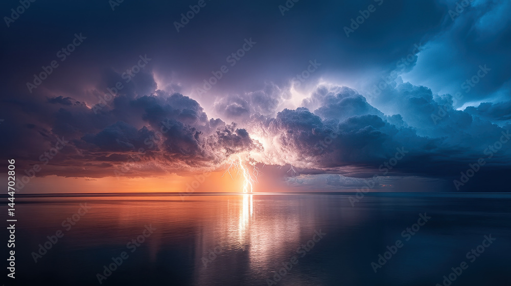 Dramatic Lightning Storm over Calm Sea