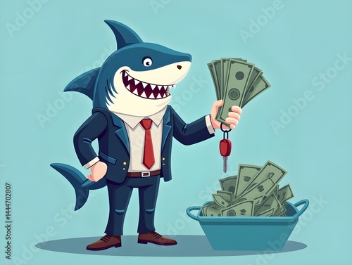 A cartoon shark dressed in a business suit holds money and car keys suggesting a successful deal or financial transaction.