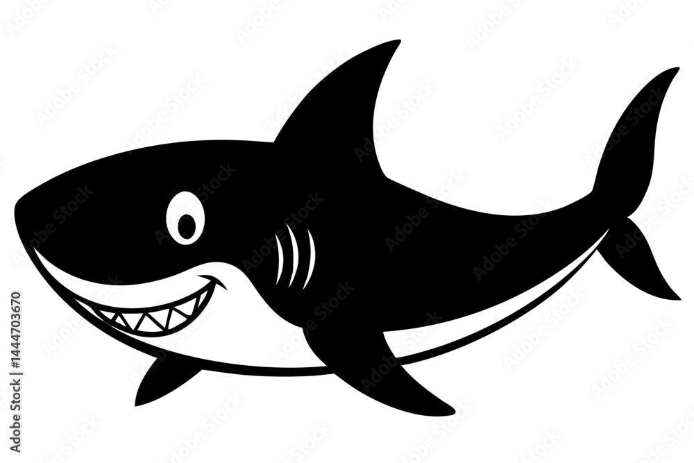 Fototapeta premium Cartoon shark black and white silhouette with a friendly smile
