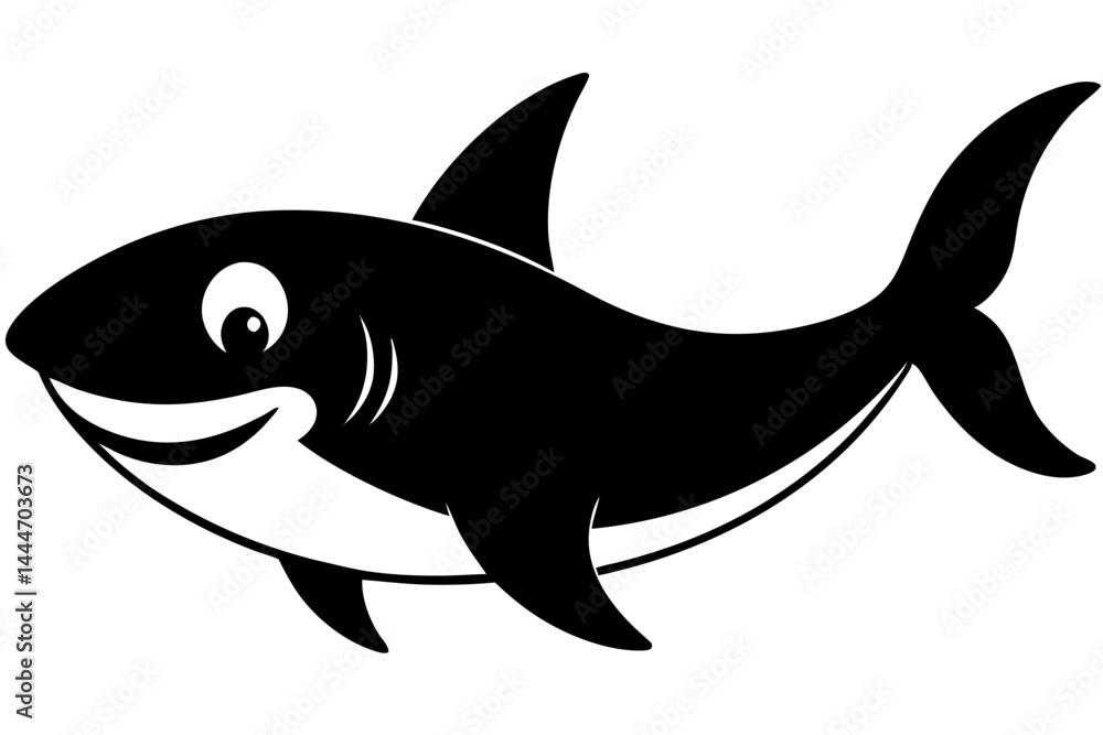 Fototapeta premium Cartoon shark black and white silhouette with a friendly smile