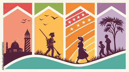 Colorful Stylized Flat Illustration of Historical Journeys Migration and Diverse Cultural Scenes with Silhouette Figures