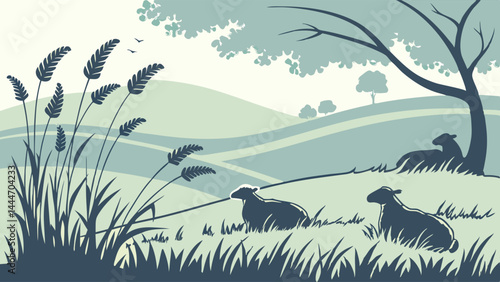 Muted Tone Flat Design Illustration Peaceful Rural Landscape with Sheep on Rolling Hills and Tall Grass