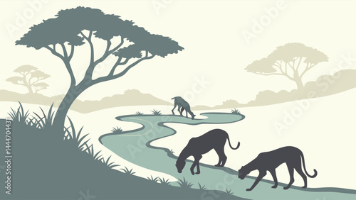 Silhouette Black Panthers Drinking at River in African Savanna Landscape Vector Illustration