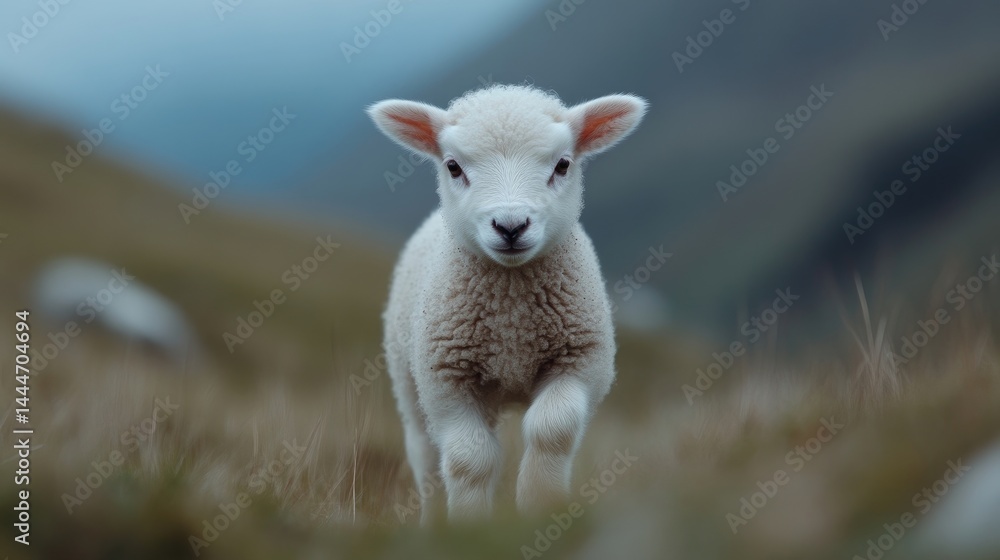 Fototapeta premium A young lamb in a field. A sweet, innocent, and curious lamb gazes directly at the viewer, seemingly ready for adventure. Soft focus on the lamb, while the background blurs, emphasizing its gentle,