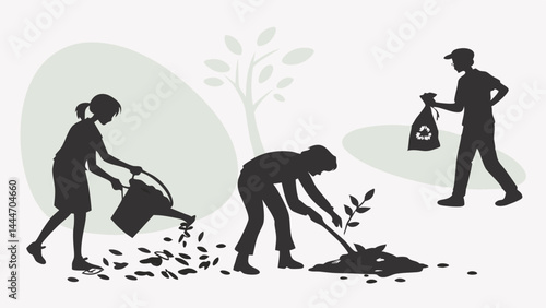 Silhouette Illustration of People Gardening Planting a Tree Watering Plants and Recycling Trash for Environmental Care