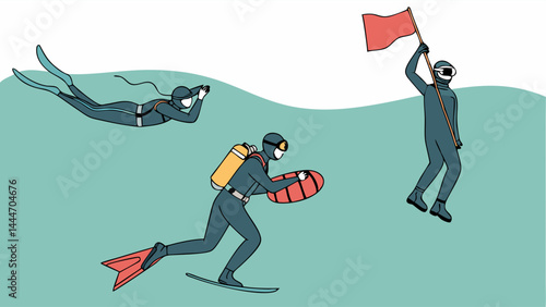 Flat illustration of three divers underwater: one swimming, one with rescue tube, one with red flag