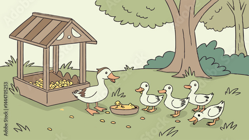 Cute Cartoon Illustration Mother Duck Feeding Five Adorable Ducklings Outdoors Near Feeder