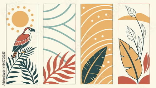 Set of 4 Printable Boho Tropical Nature Art Bookmarks Bird Botanical Leaves Abstract Designs Earthy Colors