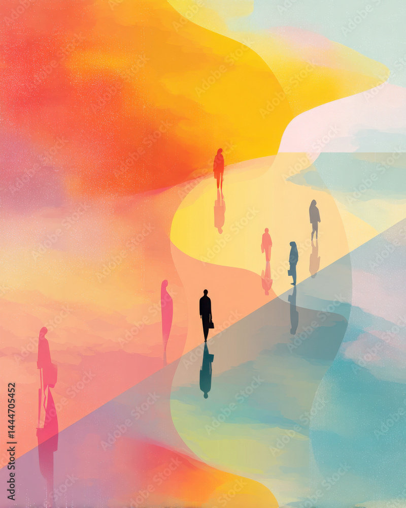 Naklejka premium Abstract Figures Navigating a Colorful and Dreamlike Landscape - Modern Art