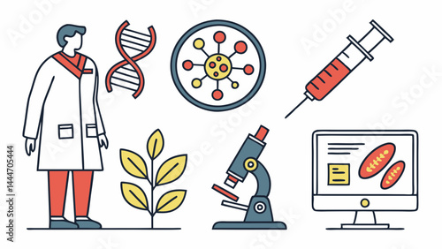 Flat line art illustration of science biology medical research lab with scientist DNA virus syringe microscope computer plant