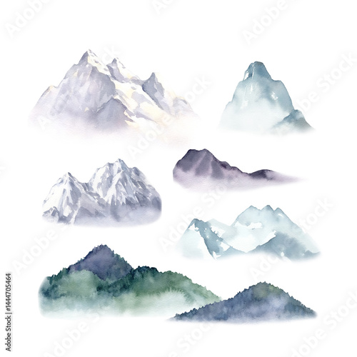 Mountains collection of isolated objects on white background. Hand drawn watercolor mountain with snow and forest, hills and peaks. Elements for design
