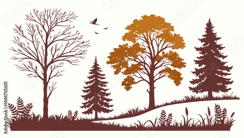 Silhouette Nature Illustration Diverse Trees Plants Birds Forest Landscape Graphic