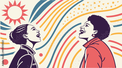 Vibrant Graphic Illustration Two Joyful Black Women Looking Up Sun Colorful Abstract Background