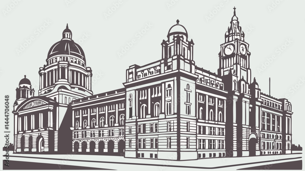 Stylized Drawing of Grand Neoclassical Building with Dome and Clock Tower Stylized Drawing of Grand Neoclassical Building with Dome and Clock Tower