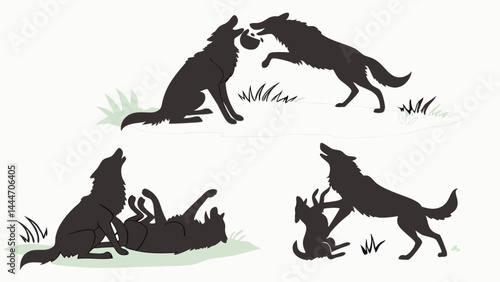 Black Silhouette Illustration of Wolves Playing, Howling, and Interacting - Wildlife Art
