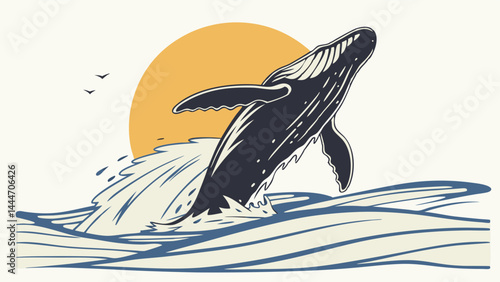 Vintage Illustration of a Humpback Whale Breaching from Ocean Waves at Sunset
