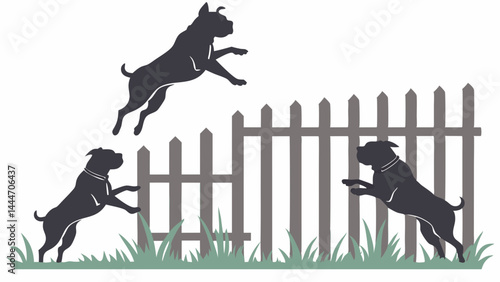 Three Dark Silhouette Dogs Jumping Over and Leaning on a Wooden Fence Graphic