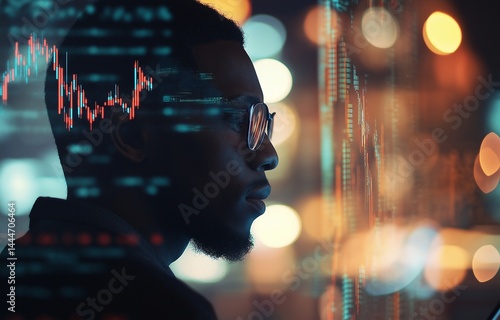 A digital network connects the energetic young man with the global pulse of people in the lights.