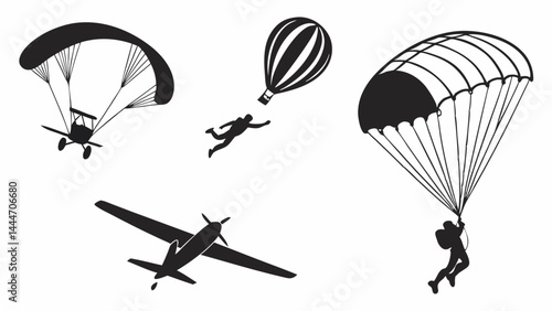 Black and white aviation and air sports silhouettes vector art skydiving paragliding hot air balloon airplane