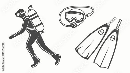 Black and white vector illustration of scuba diver with tank mask snorkel and fins diving equipment graphic