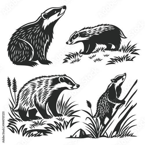 Badger Silhouette Set with Grasses, Monochrome Wildlife Illustration, Simple Elegant Design