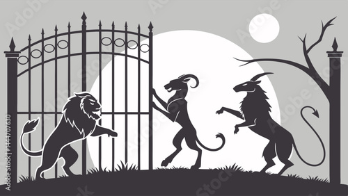 Silhouette illustration of a lion and two horned creatures at an open gate under a moonlit sky