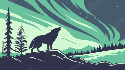 Howling Wolf Silhouette Under Aurora Borealis Night Sky - Minimalist Nature Landscape Illustration