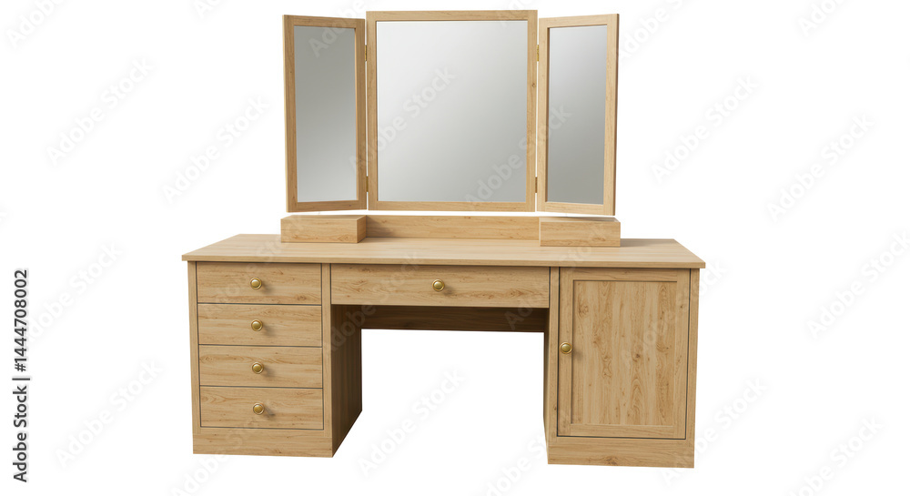 Isolated Wooden Vanity Table with Tri-Fold Mirror Isolated Wooden Vanity Table with Tri-Fold Mirror
