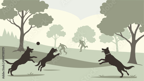 Dynamic illustration of silhouetted dogs leaping for a ball in a park with people and trees
