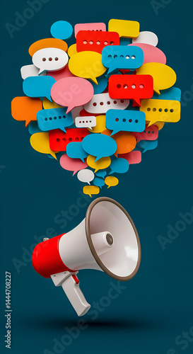A red and white megaphone projects a vibrant cloud of colorful speech bubbles on a dark blue background. Social media marketing concept.
