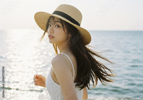 海辺で過ごす若い女性