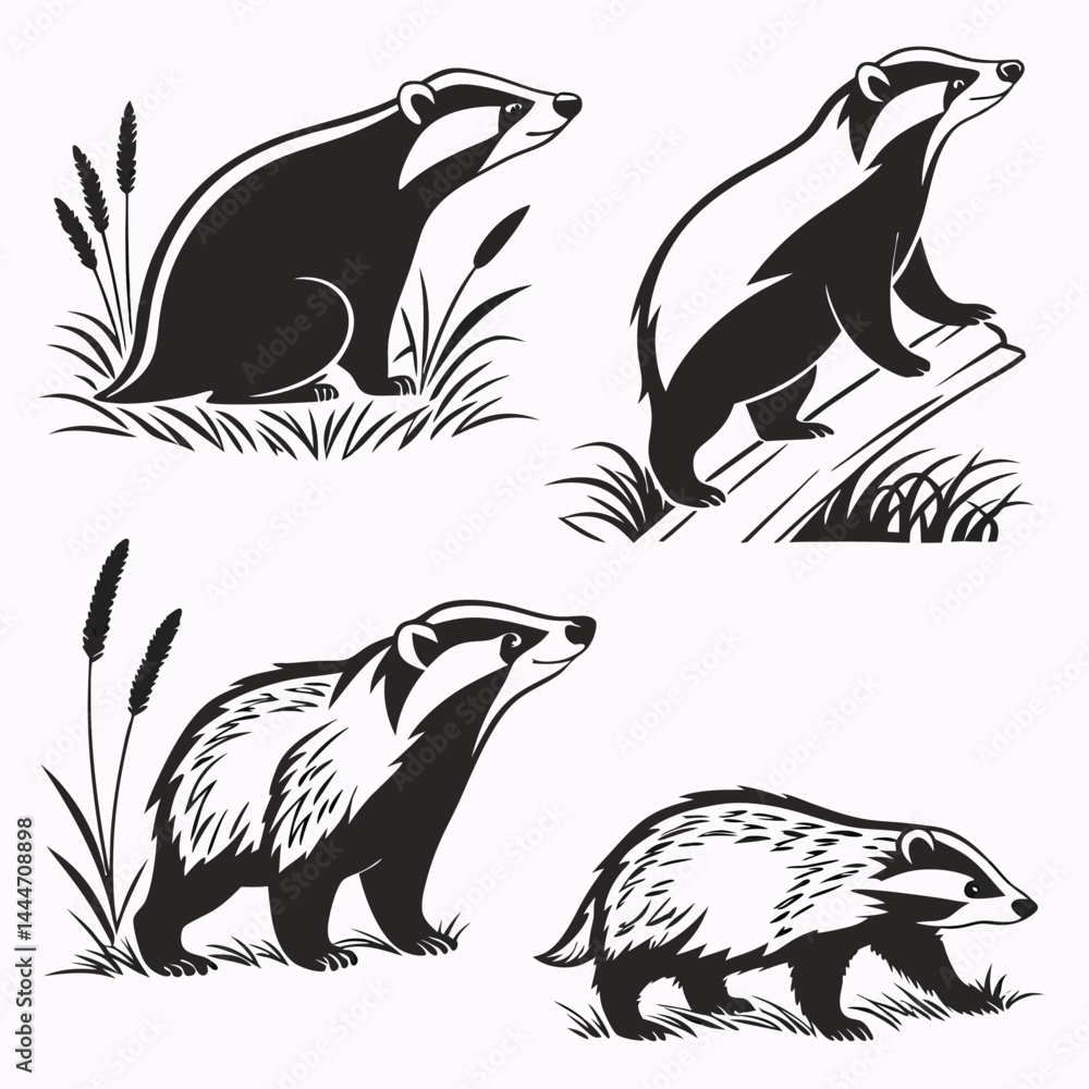 Fototapeta premium Black and White Badger Silhouette Set, Wildlife Animals in Nature, Walking, Standing